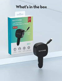 شاحن سيارة راف باور RP-VC1021 بقدرة 75 واط مع كيبل قابل للسحب - أسود | RAVPower RP-VC1021 Car Charger 75W with Retractable Cable - Black