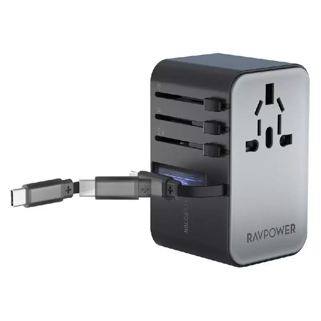Şarjêrê rêwîtiyê ya RAVPower RP-PC1061 70W PD bi kabloya USB-C ya çêkirî | Şarjêrê rêwîtiyê ya RAVPower RP-PC1061 70W PD bi kabloya USB-C ya vekişîner