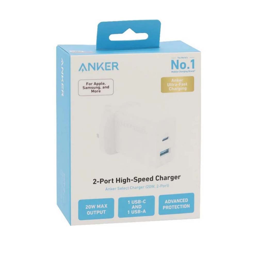 شاحن انكر 312 بمنفذي يو اس بي اي و يو اس بي سي وبقدرة شحن سريع 20 واط | Anker 312 Fast Charger 20W – Dual Port USB-C & USB-A Charger