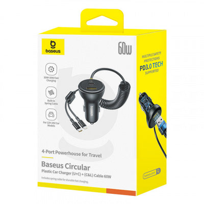 شاحن سيارة بيسوس Circular Plastic 60 واط مع منفذي USB-C وUSB-A وكابل USB-C إلى Lightning – أسود | Baseus Circular Plastic 60W Car Charger USB-C & USB-A + USB-C to Lightning Cable Cosmic Black