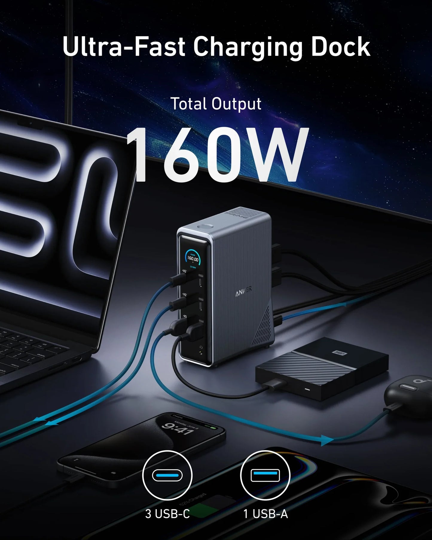 قاعدة شحن أنكر برايم 14 في 1, بقدرة شحن 160 واط ودعم شاشتين بدقة 4K - رمادي | Anker Prime Dock 160W 14-in-1 with Dual 4K Display – Gray