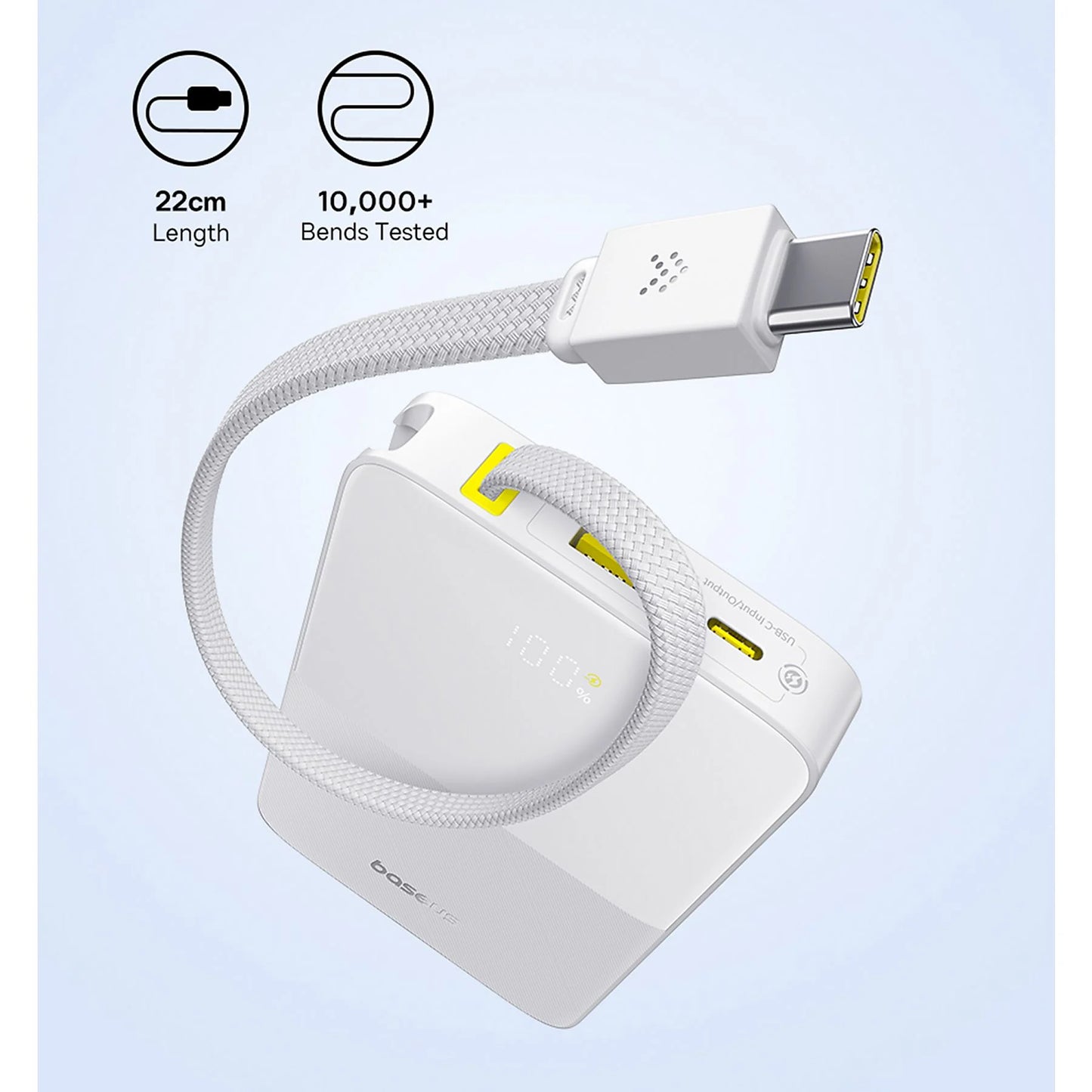 Baseus EnerFill FC51 Bipow2 Pro Power Bank 10000mAh 22.5W White Built-in Cable - باور بانك بيسوس انرفيل FC51 بايباو 2 برو 10000 مللي أمبير 22.5 واط أبيض بكيبل مدمج