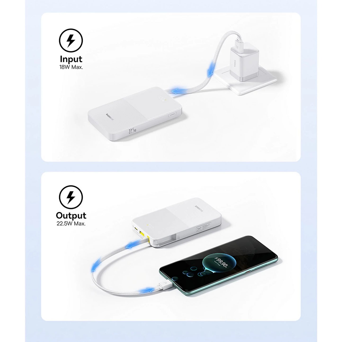 Baseus EnerFill FC51 Bipow2 Pro Power Bank 10000mAh 22.5W White Built-in Cable - باور بانك بيسوس انرفيل FC51 بايباو 2 برو 10000 مللي أمبير 22.5 واط أبيض بكيبل مدمج