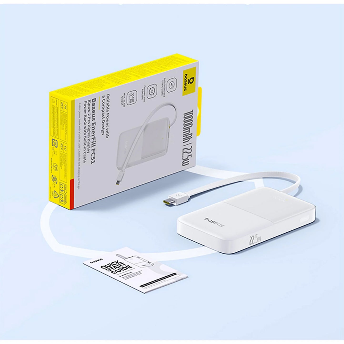 Baseus EnerFill FC51 Bipow2 Pro Power Bank 10000mAh 22.5W White Built-in Cable - باور بانك بيسوس انرفيل FC51 بايباو 2 برو 10000 مللي أمبير 22.5 واط أبيض بكيبل مدمج