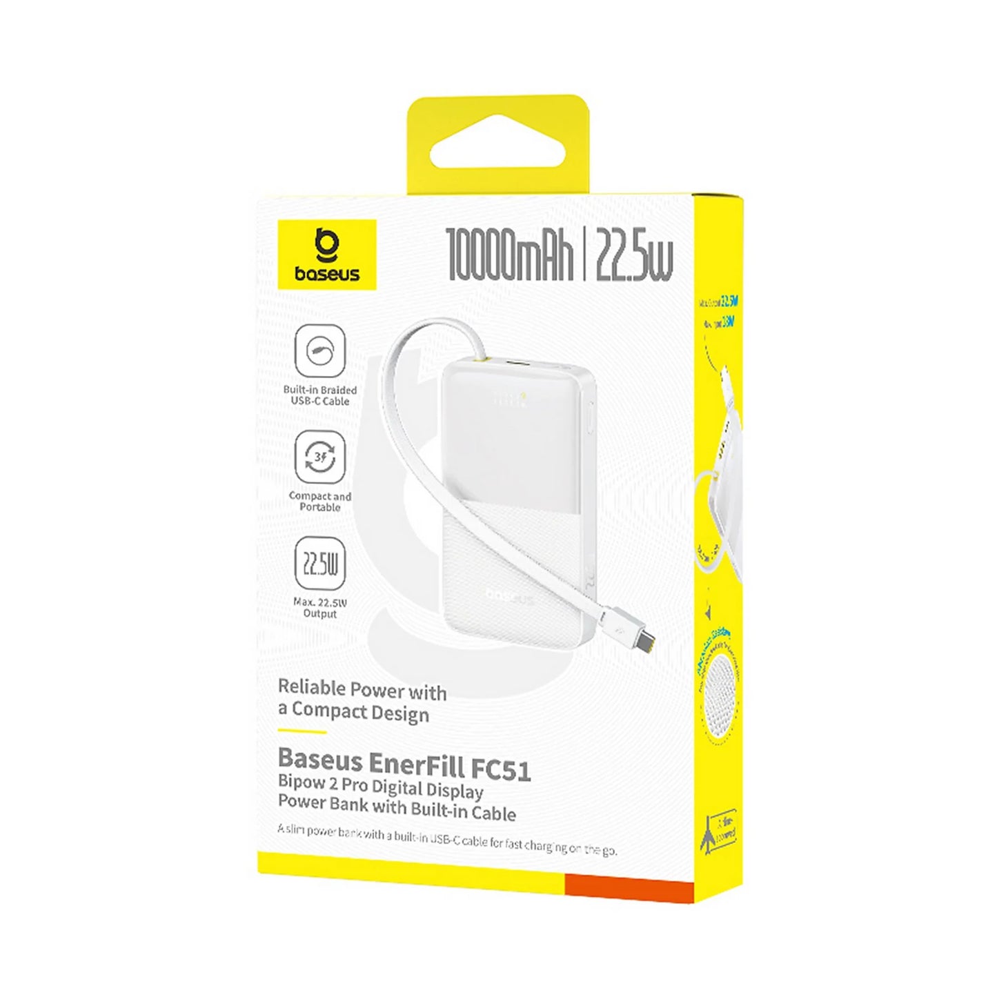 Baseus EnerFill FC51 Bipow2 Pro Power Bank 10000mAh 22.5W White Built-in Cable - باور بانك بيسوس انرفيل FC51 بايباو 2 برو 10000 مللي أمبير 22.5 واط أبيض بكيبل مدمج