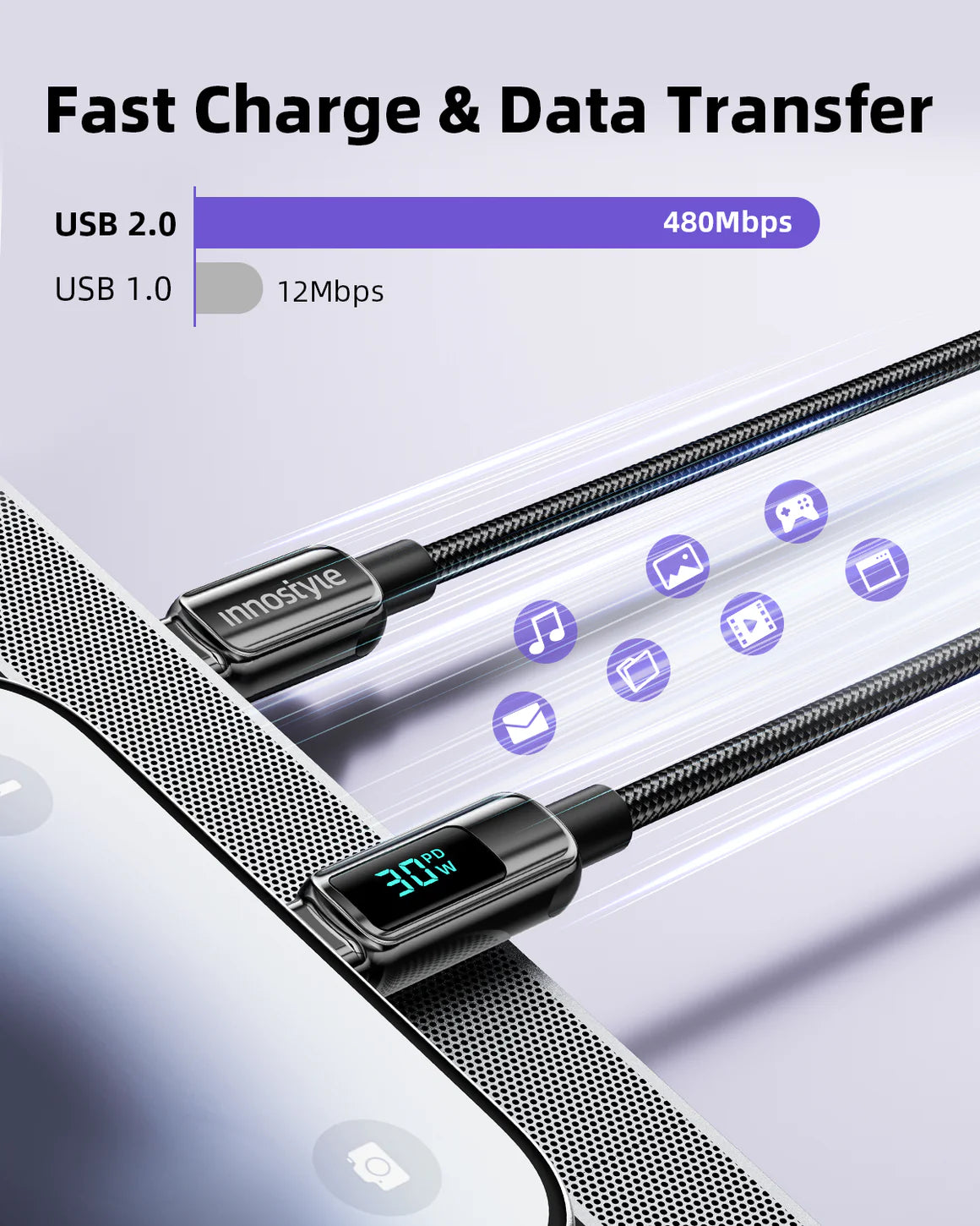 Innostyle DigiPower USB-C to USB-C Cable with Digital Display, 100W, 1.2m - DP-CL301 | كابل USB-C إلى USB-C من إنوستايل ديجي باور مع شاشة رقمية، 100 واط، 1.2 متر