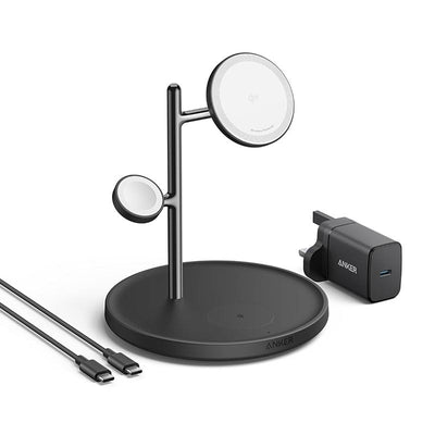 حامل وشاحن لاسلكي انكر ماج جو 3 في 1 بقدرة شحن 15 واط | Anker MagGo 15W 3-in-1 Charging Stand, Qi2 Certified Wireless Charger for iPhone