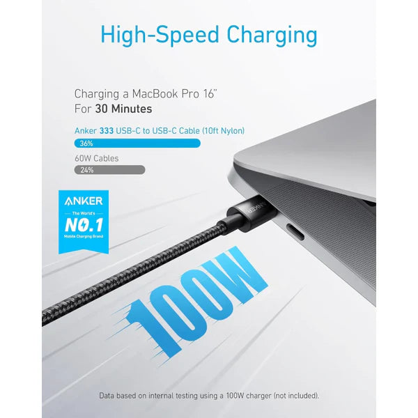 كيبل انكر تايب سي بقدرة 100 واط وبطول 1.8متر  | Anker Nylon 333 USB-C to USB-C Cable, 100W - 1.8 Meter
