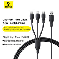 كابل شحن سريع Baseus Ultra-Fast 3-in-1 Cable USB-A→M+L+C 3.5A 1.3m Black