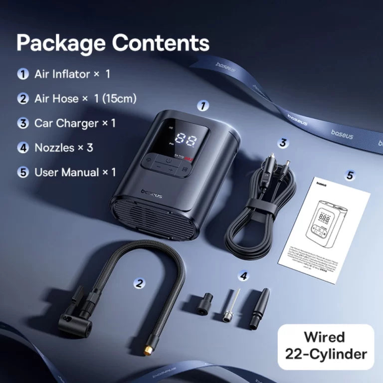 Baseus GoTrip VA1 Wired Inflator 22-Cylinder Black with Hoses + DC Cable - منفاخ سلكي بيسوس جو تريب VA1 22 سلندر أسود مع خراطيم وكيبل