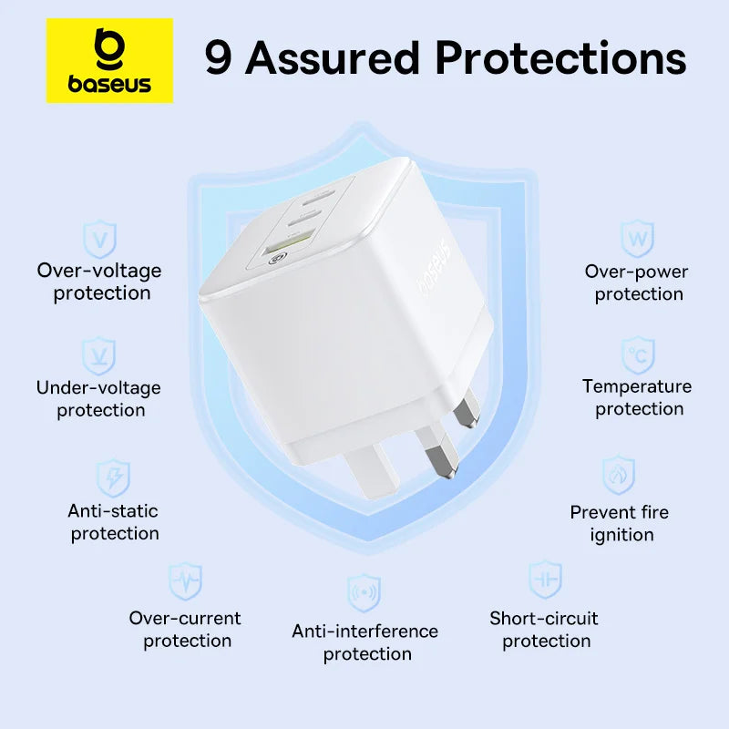 شاحن Baseus Palm 65W بمنفذين USB-C ومنفذ USB بقابس بريطاني أبيض - Baseus Palm Charger 2C+U 65W UK White