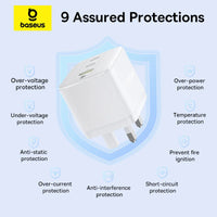 شاحن Baseus Palm 65W بمنفذين USB-C ومنفذ USB بقابس بريطاني أبيض - Baseus Palm Charger 2C+U 65W UK White