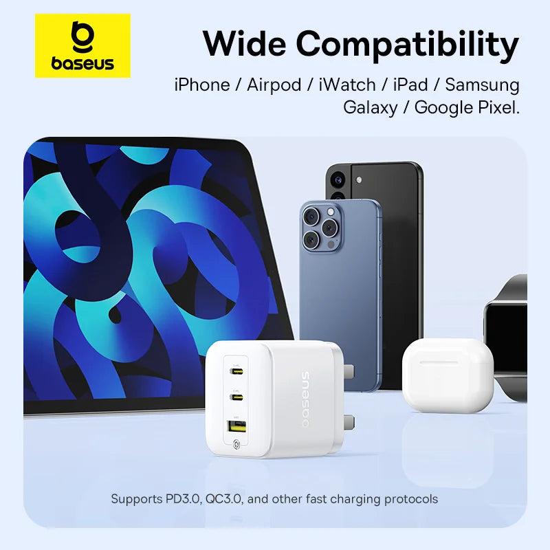 شاحن Baseus Palm 65W بمنفذين USB-C ومنفذ USB بقابس بريطاني أبيض - Baseus Palm Charger 2C+U 65W UK White