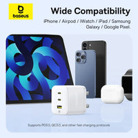 شاحن Baseus Palm 65W بمنفذين USB-C ومنفذ USB بقابس بريطاني أبيض - Baseus Palm Charger 2C+U 65W UK White
