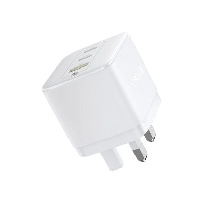 شاحن Baseus Palm 65W بمنفذين USB-C ومنفذ USB بقابس بريطاني أبيض - Baseus Palm Charger 2C+U 65W UK White