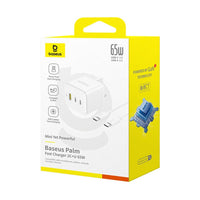 شاحن Baseus Palm 65W بمنفذين USB-C ومنفذ USB بقابس بريطاني أبيض - Baseus Palm Charger 2C+U 65W UK White