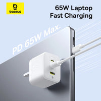 شاحن Baseus Palm 65W بمنفذين USB-C ومنفذ USB بقابس بريطاني أبيض - Baseus Palm Charger 2C+U 65W UK White