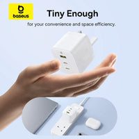شاحن Baseus Palm 65W بمنفذين USB-C ومنفذ USB بقابس بريطاني أبيض - Baseus Palm Charger 2C+U 65W UK White