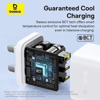 شاحن Baseus Palm 65W بمنفذين USB-C ومنفذ USB بقابس بريطاني أبيض - Baseus Palm Charger 2C+U 65W UK White