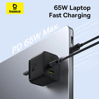 Baseus Palm Charger 2C+U 65W UK Black (With Cable C→C 100W 1m Black) | شاحن بيسوس بالم 2C+U 65 واط UK أسود