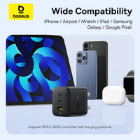Baseus Palm Charger 2C+U 65W UK Black (With Cable C→C 100W 1m Black) | شاحن بيسوس بالم 2C+U 65 واط UK أسود