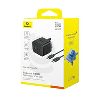 Baseus Palm Charger 2C+U 65W UK Black (With Cable C→C 100W 1m Black) | شاحن بيسوس بالم 2C+U 65 واط UK أسود