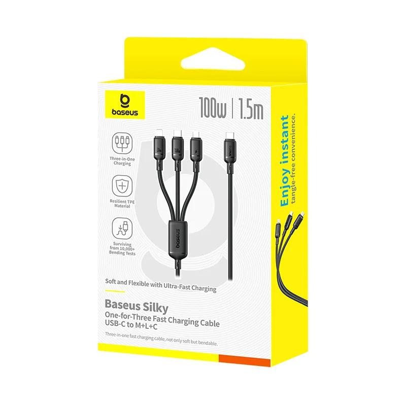 Baseus Silky 3-in-1 Cable USB-C→M+L+C 100W 1.5m Black | كابل بيسوس سيلكي 3 في 1 USB-C→M+L+C 100 واط 1.5 متر أسود