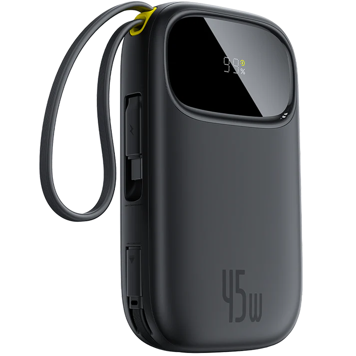 Baseus EnerFill FC31 Power Bank 10000mAh 45W Black (2 Built-in Cables) | باور بانك بيسوس إينرفيل 10000 مللي أمبير 45 واط أسود