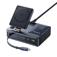 شاحن بيسوس نوموس المكتبي 5 في 1 Baseus Nomos 5-in-1 Desktop Charger 140W UK with Qi2 + Retractable Cable + Display Black