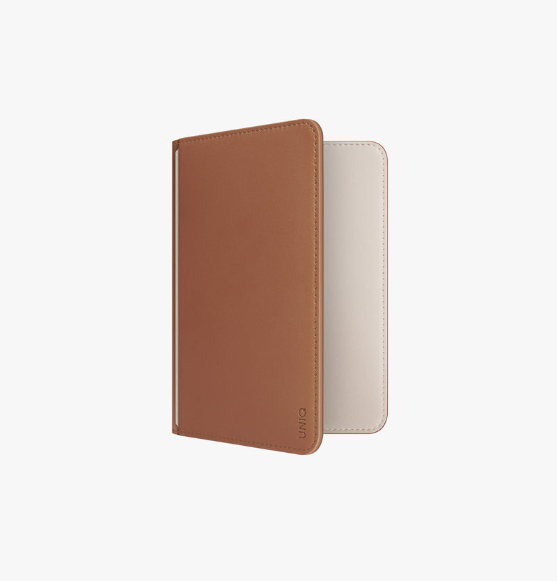 UNIQ Belmont Find My vegan leather passport holder Caramel Ivory