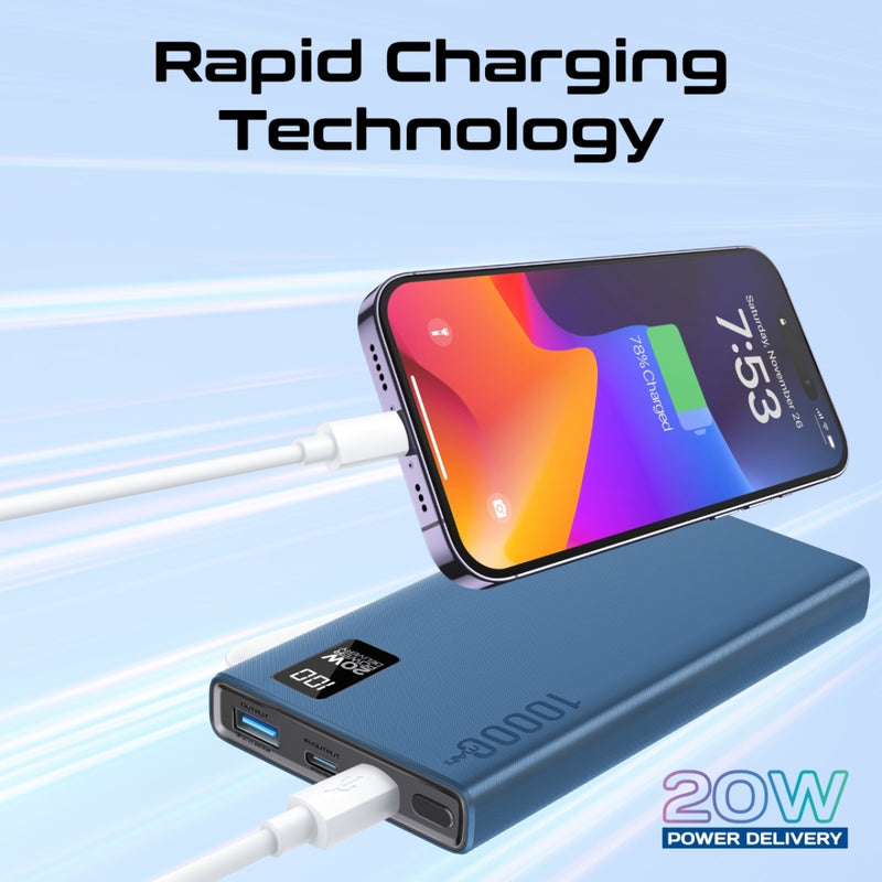 Promate Bolt-10PD Power Bank 10000mAh Dual USB-C 22.5W Blue-LCD Display