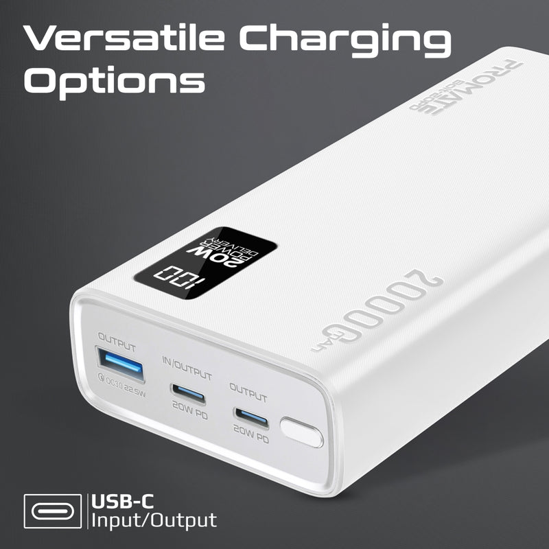 Promate Bolt-20PD Power Bank 20000mAh Dual USB-C 22.5W White-Ports
