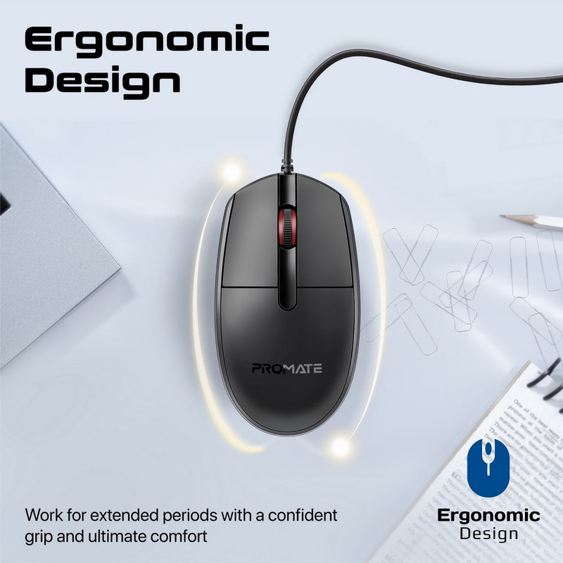 Promate CM-1200 ambidextrous wired mouse top view