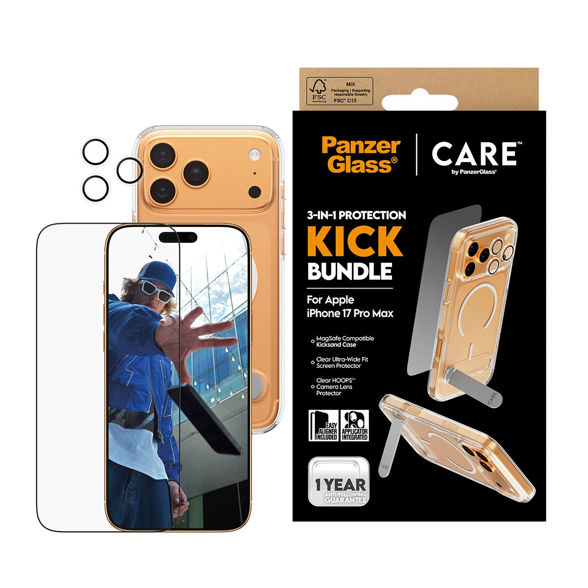 بانزر جلاس بكج حماية 3 في 1 مع مسند لهاتف iPhone 17 Pro Max | PanzerGlass | CARE by PanzerGlass 3-in-1 Kick Bundle iPhone 17 Pro Max