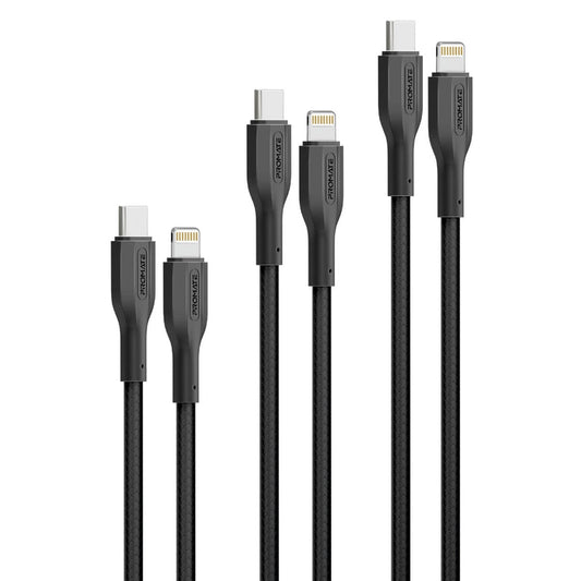 Promate CableKit-Ci 3-piece USB-C to Lightning cable kit with 0.3m 1.2m and 2m lengths - main view