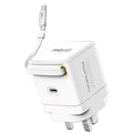 شاحن جداري 65 واط GaNFast بكيبل USB-C مدمج قابل للسحب | Promate Cubix-R65 65W PD GaNFast Charging Adapter with Retractable USB-C Cable - White