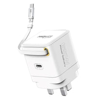 Promate Cubix-R65 شاحن جداري 65 واط GaNFast بكيبل USB-C مدمج - أبيض - صورة أمامية