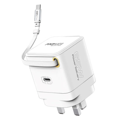 Promate Cubix-R65 شاحن جداري 65 واط GaNFast بكيبل USB-C مدمج - أبيض - صورة أمامية