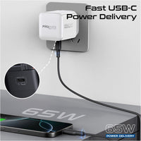 Promate Cubix-R65 شاحن 65 واط - أبيض - كيبل USB-C مدمج ينسحب 70 سم