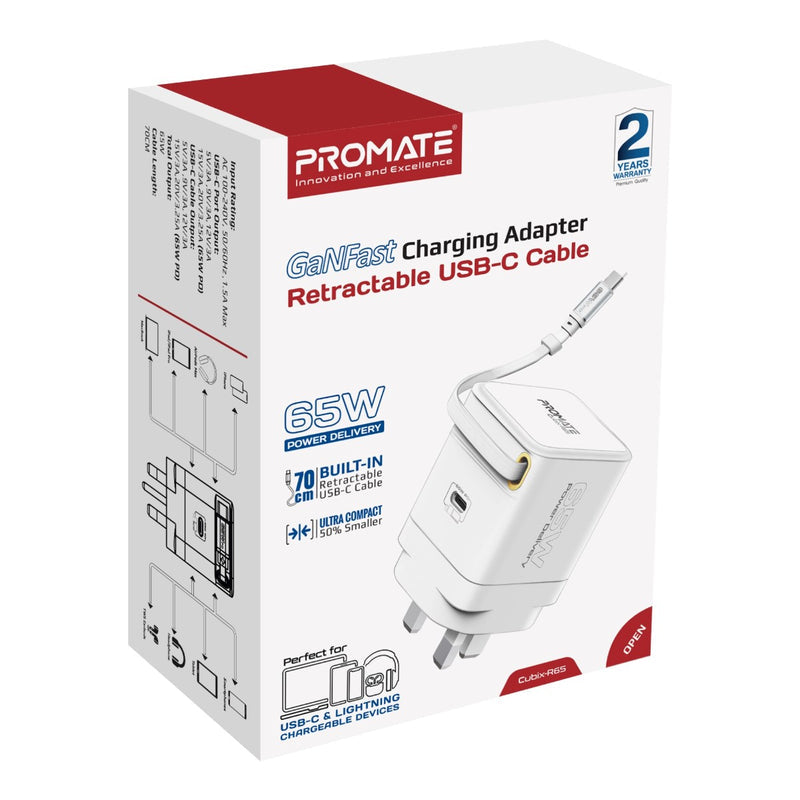 Promate Cubix-R65 شاحن 65 واط - أبيض - قابس بريطاني