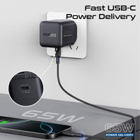 Promate Cubix-R65 شاحن 65 واط - أسود - كيبل USB-C مدمج ينسحب 70 سم