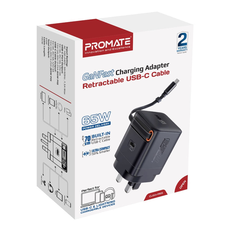 Promate Cubix-R65 شاحن 65 واط - أسود - قابس بريطاني