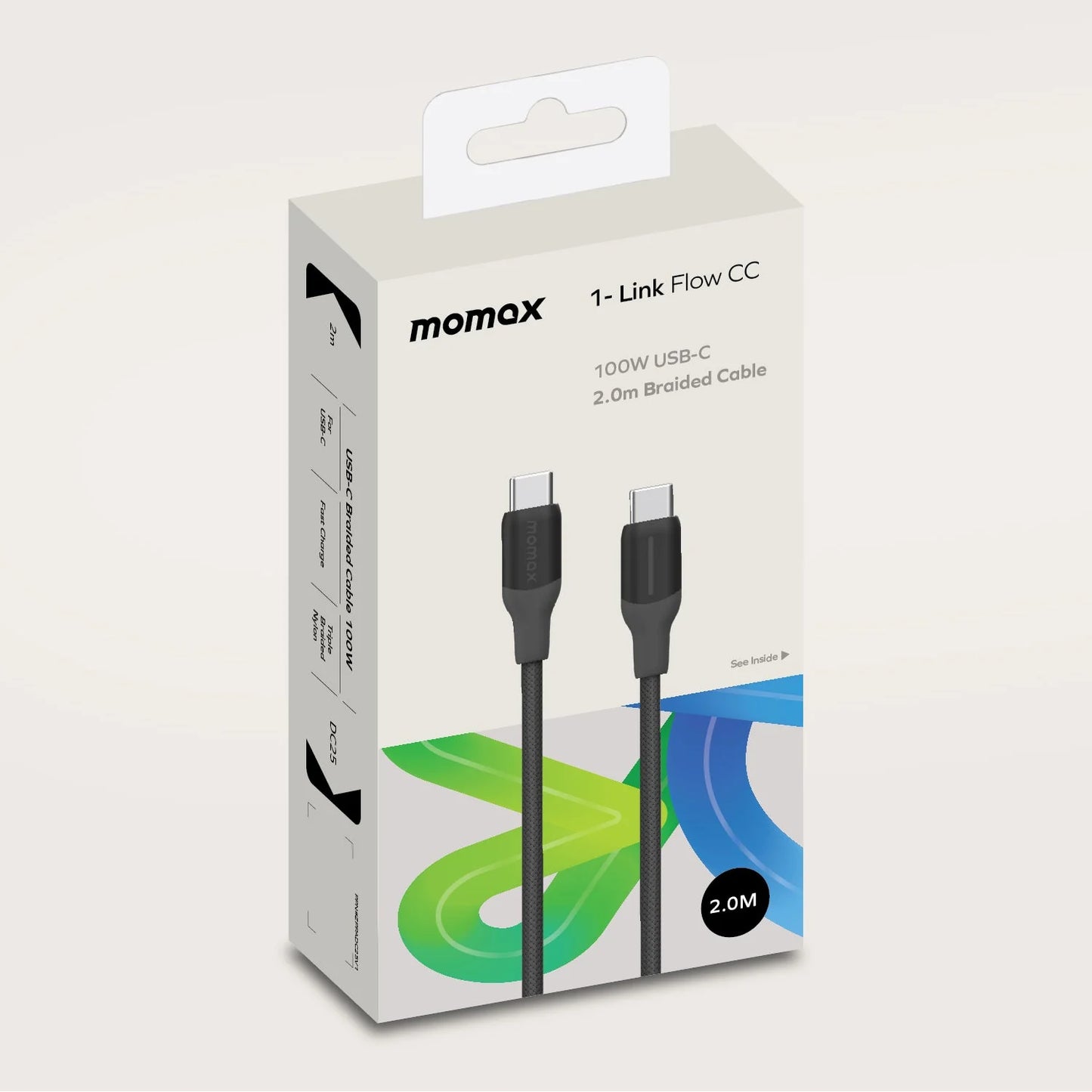 Kabloya Momax 1-Link Flow CC 100W USB-C bo USB-C ya bi pêçayî, 2 m - Kabloya Momax 1-Link Flow, USB-C bo USB-C, bi pêçayî naylon, 100W, 2 m dirêj