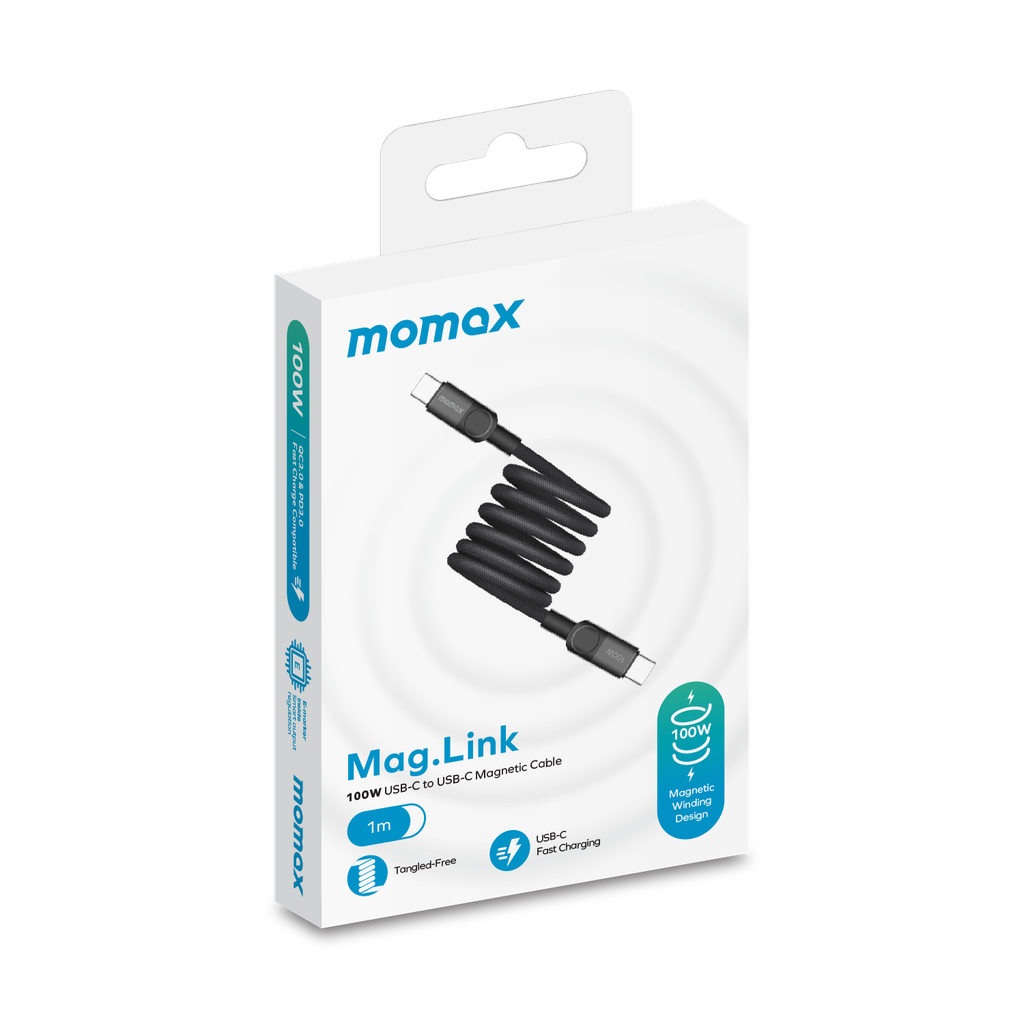 Kabloya Magnetîk a USB-C bo USB-C ya Momax Mag.Link 100W, 1 m - Kabloya Magnetîk a Momax Mag.Link, USB-C bo USB-C, Şarjkirina Bilez 100W, Dirêjahiya 1 m