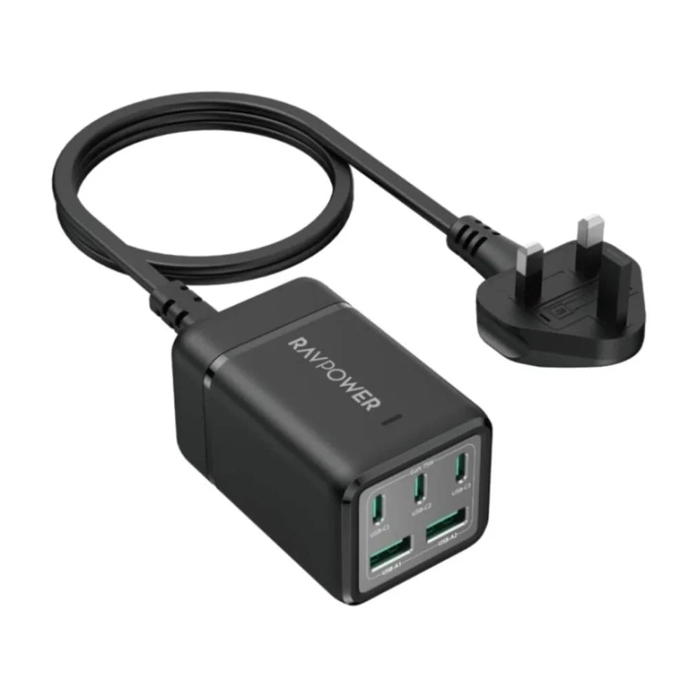 Şarjêra Maseya RAVPower RP-PC1045 75W GaN 5-Port – Şarjêra maseya RAVPower 75W, 5 port, teknolojiya GaN