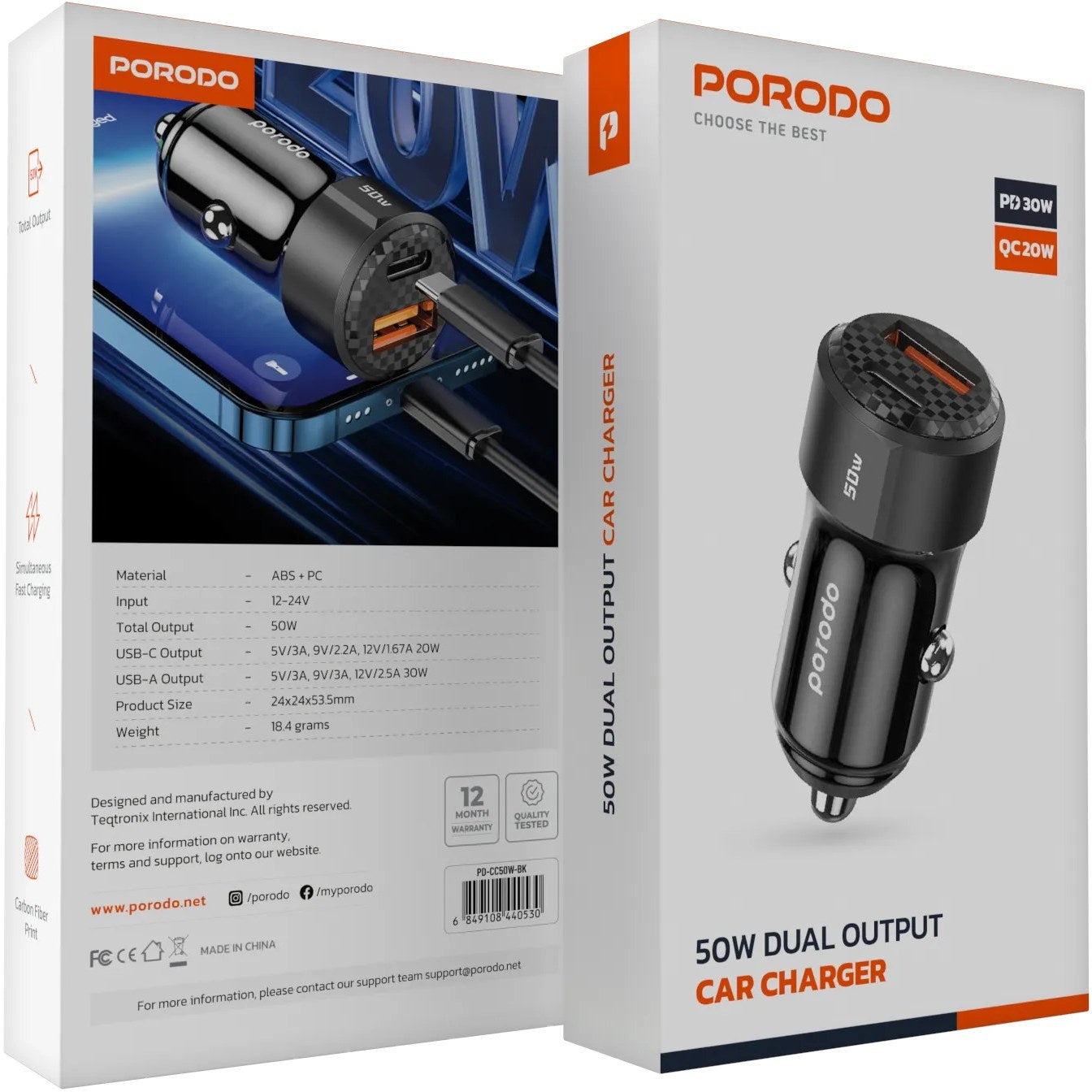 Şarjêra Otomobîlê ya Du Port a 50W bi Kabloya USB-C ber bi USB-C - Reş | Porodo Şarjêra Otomobîlê ya Du Port a 50W PD 20W QC 30W bi Kabloya C ber bi C - Reş