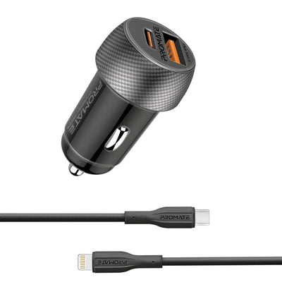 Promate DriveGear-33Ci شاحن سيارة 33 واط مع كيبل USB-C إلى لايتننج - صورة أمامية