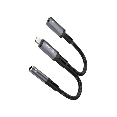 Master Braided 2-in-1 Lightning Male to Lightning Female AUX Adapter Black MAD2IN1LTOLTOAX-BK