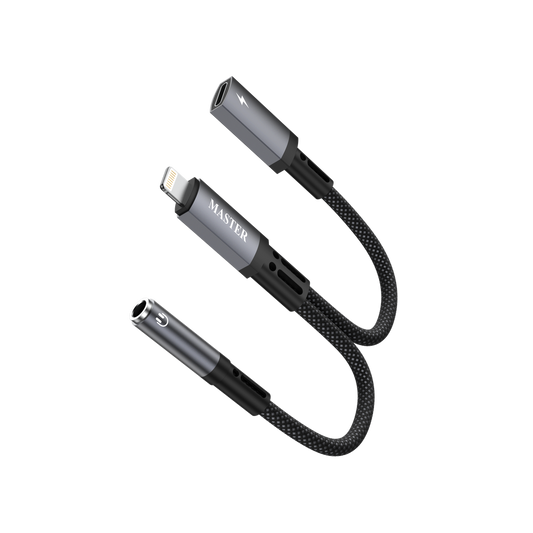 Master Braided 2-in-1 Lightning Male to Lightning Female AUX Adapter Black MAD2IN1LTOLTOAX-BK