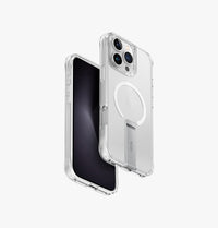UNIQ Eleva case with built-in aluminium kickstand for iPhone 16 Pro Max Clear - front and back
